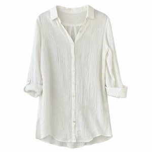 Tahari | 100% Linen Crinkle Texture Button Down Tunic Roll Tab Sleeve